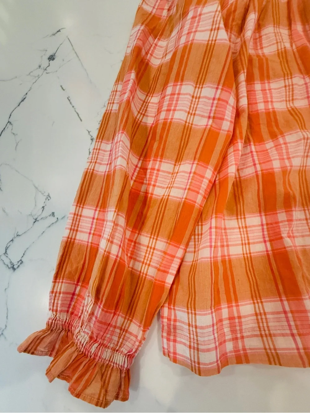 J. Crew Orange and White Plaid Blouse with ribbon tie-back size S